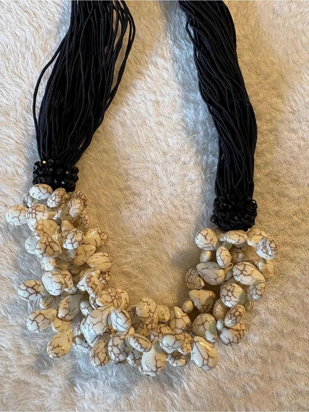 Handcrafted White turquoise and Black silk Beaded Statement Necklace
